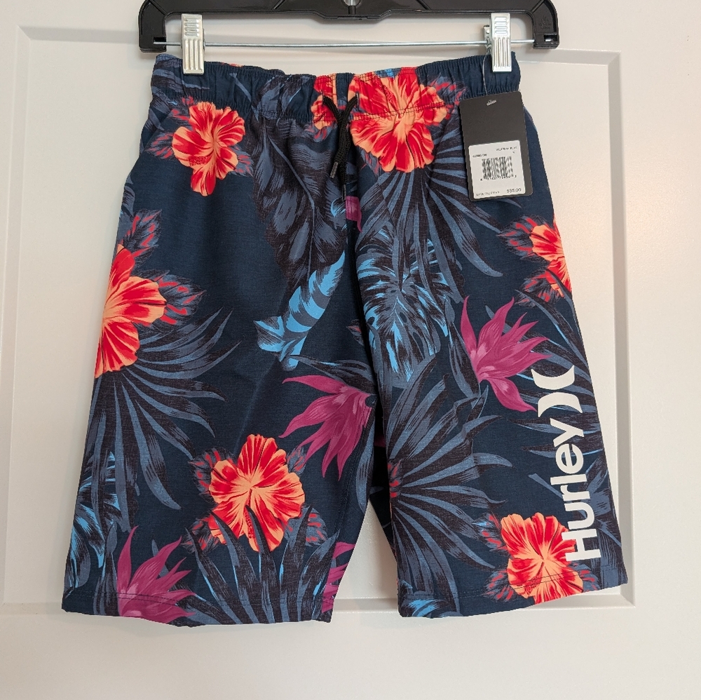 Hurley Tropical Floral Swim Shorts -Peach Purple And Blue Boys Size 10/12 M NWT